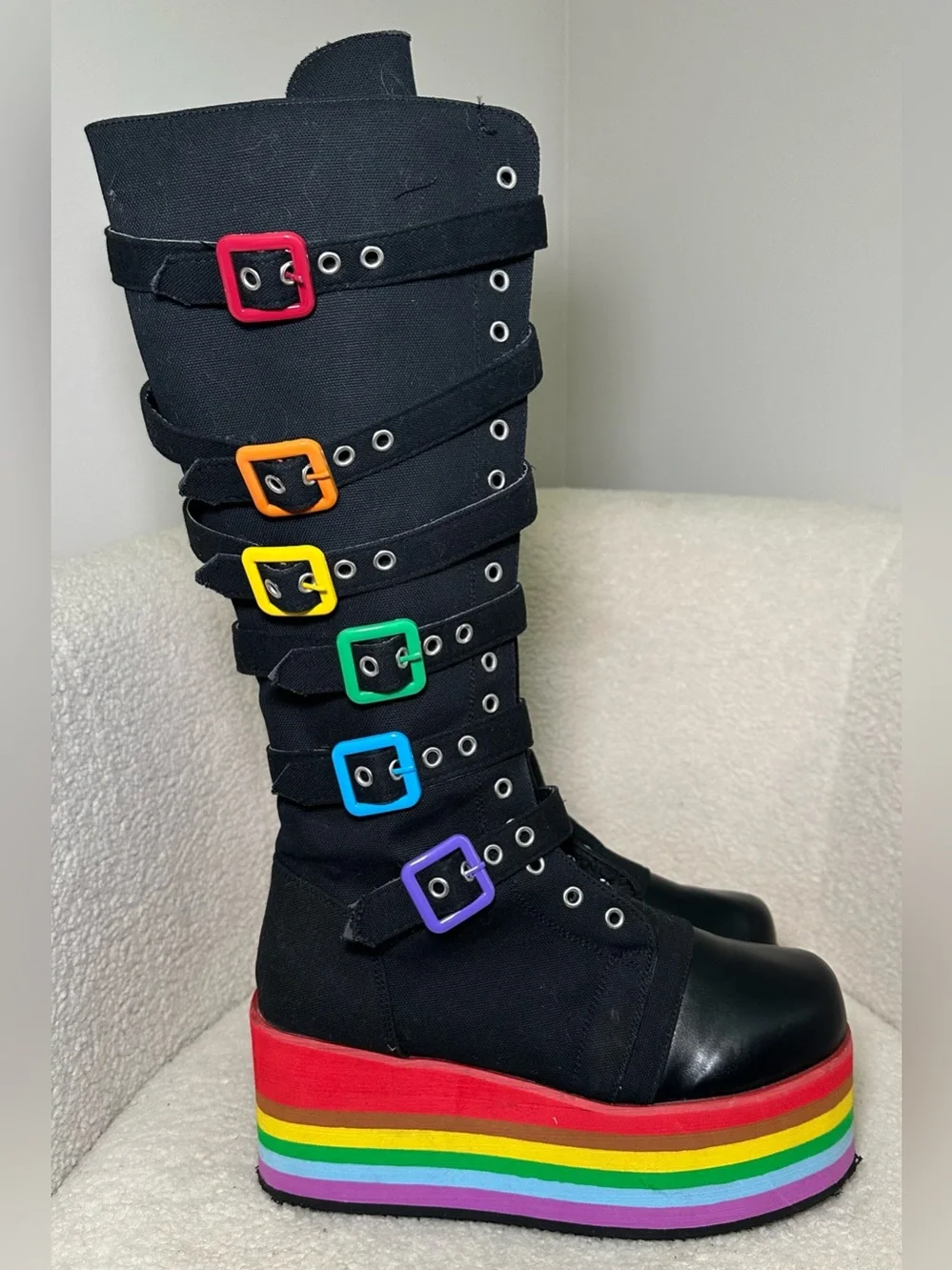 Rainbow Platform Goth Rave Boots Knee High Black Gay Pride‎ Bratz Y2K Cosplay 9